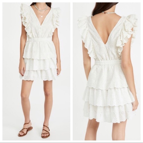 NWT Love the Label Womens Eyelet Ruffle Sleeve Tiered Dress Ecru Medium - Picture 1 of 15